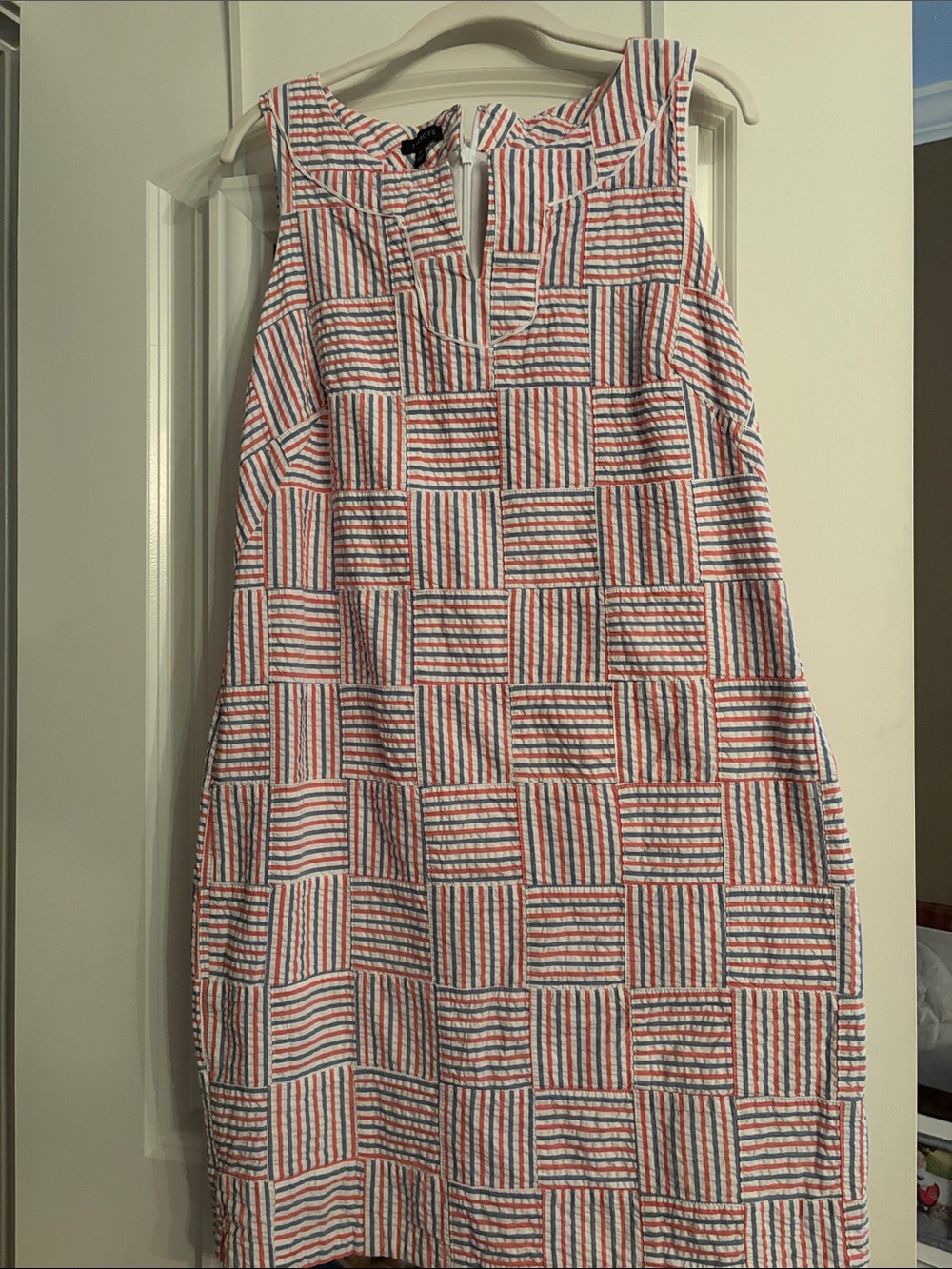 Talbots Coral and Navy Checked Seersucker Shift Dress